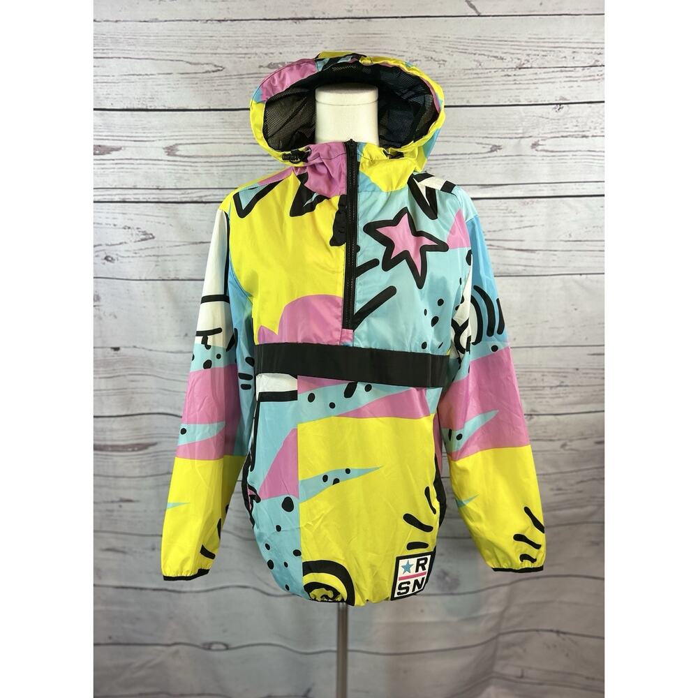 Reason Windbreaker Jacket Womens S 90s Print Colorblock Hooded 1/4 Zip